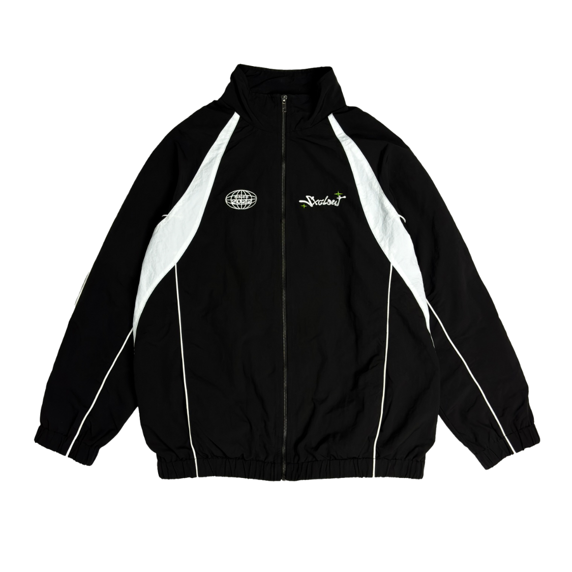 Black and white Vision trackjacket, nylon streetwear jacket by Chasedvision. Perfect for sports, casual wear, and urban fashion.