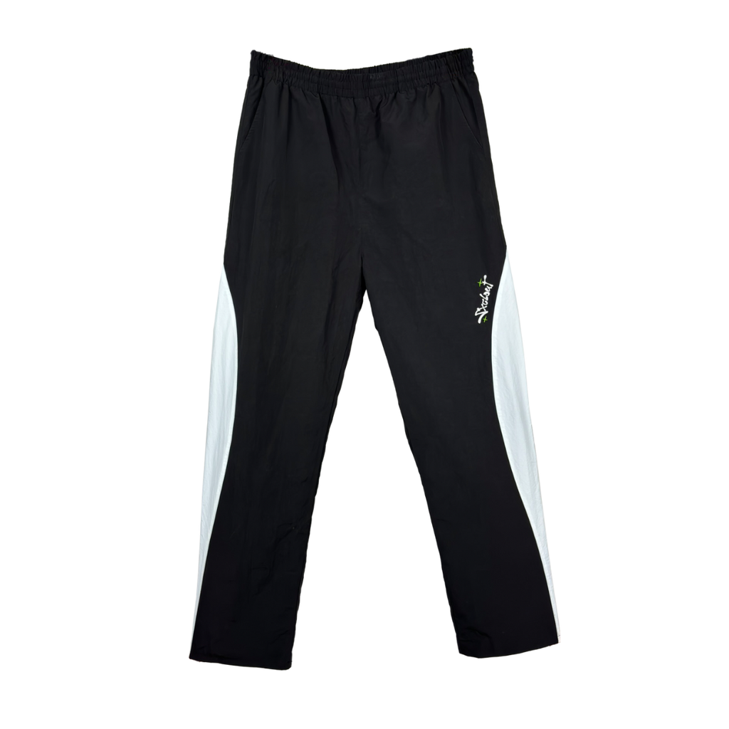 Black and white baggy nylon trackpants, streetwear style from Chasedvision