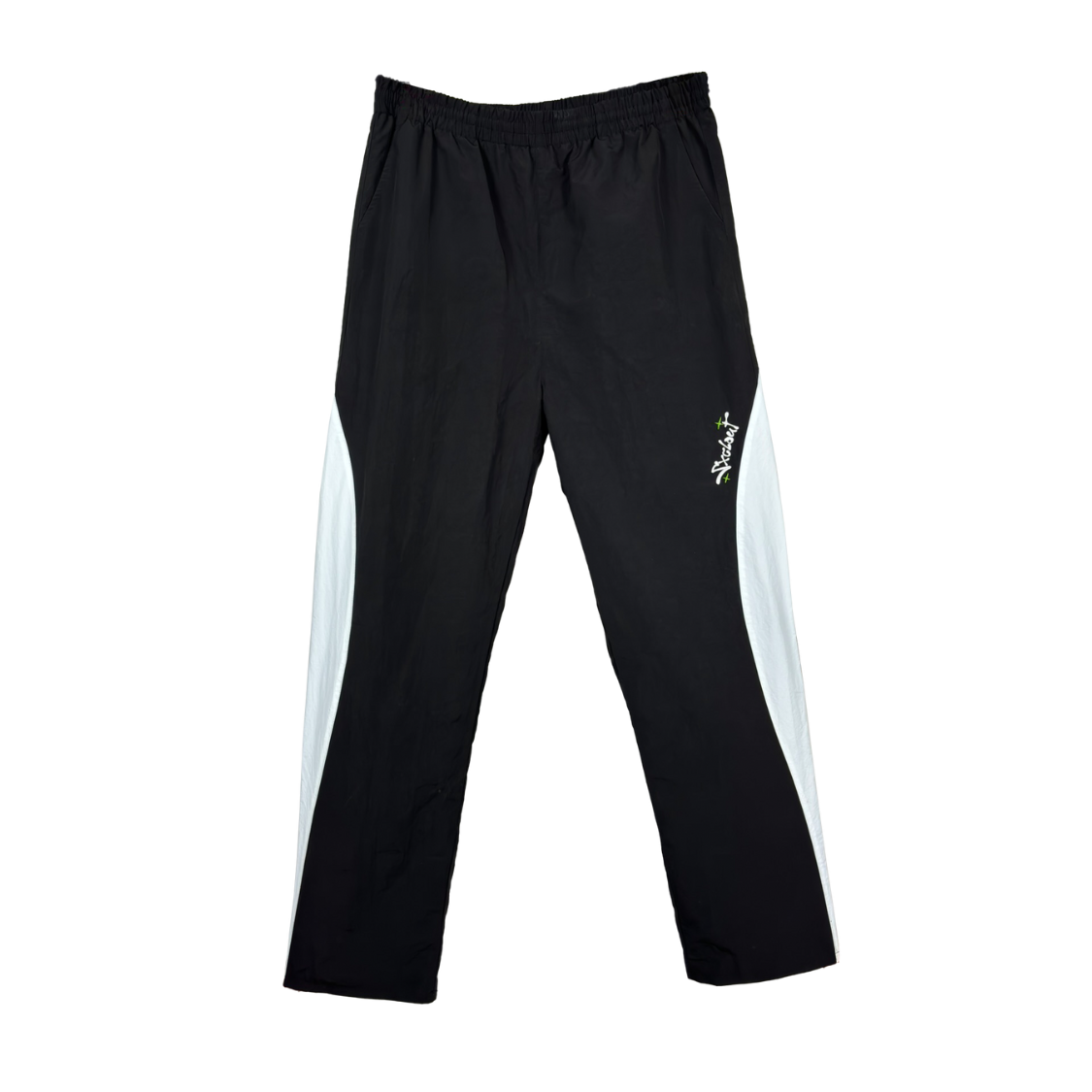 Black and white baggy nylon trackpants, streetwear style from Chasedvision