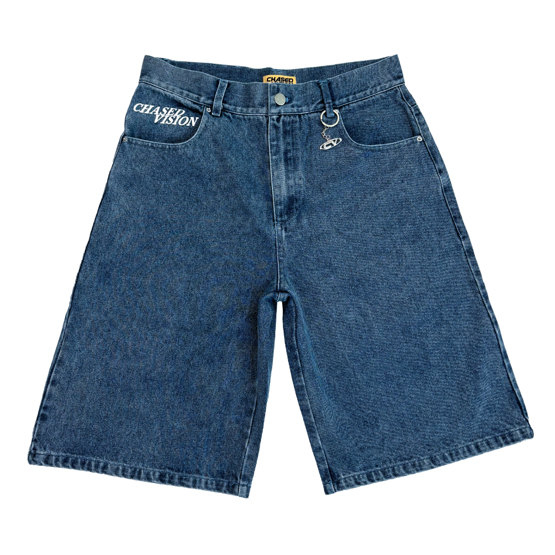 Blue washed jorts with keychain attached, offering a perfect fit and high quality, featuring many details from Chasedvision.