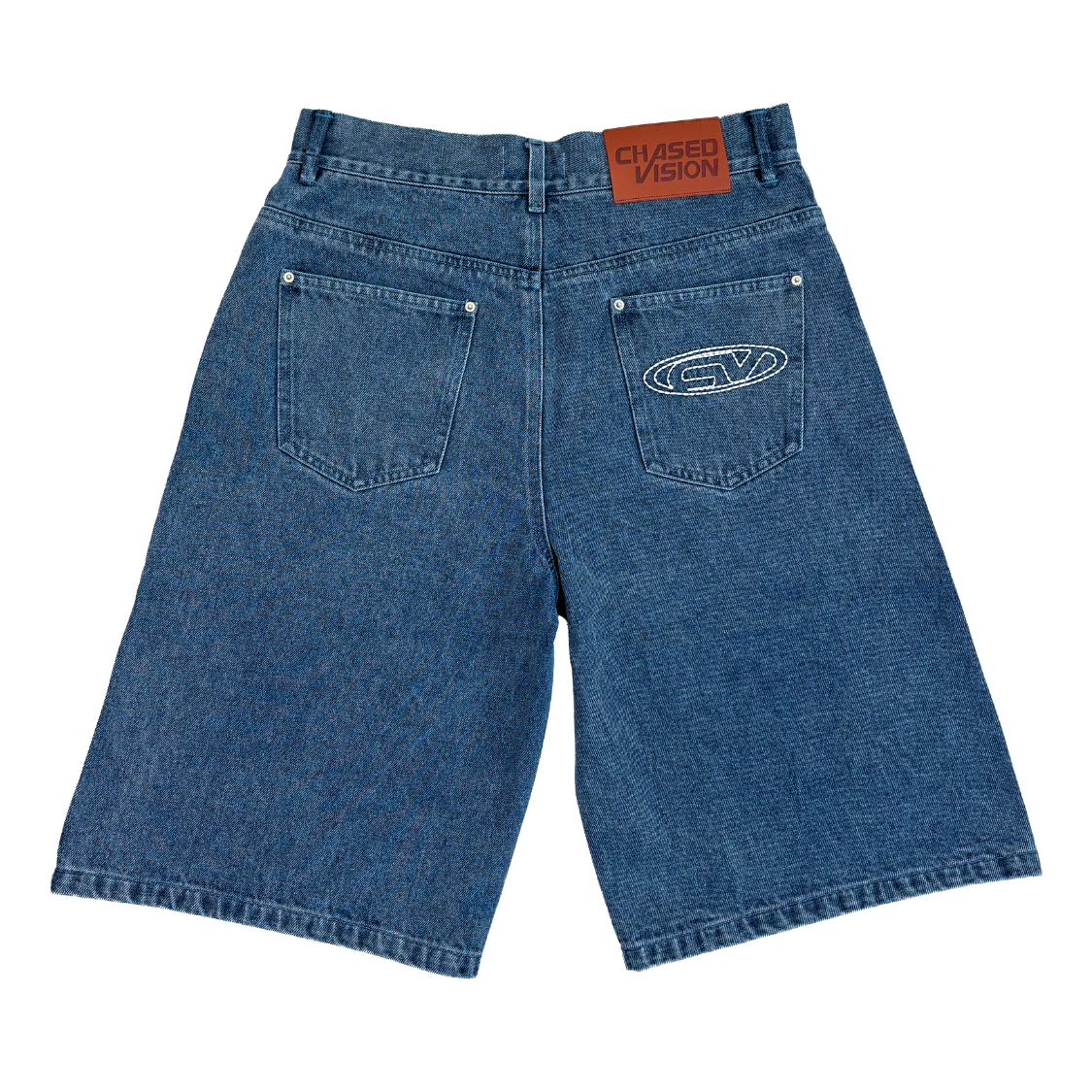 High quality blue washed jorts with perfect fit, keychain attached, and "ChasedVision" label on back pocket.