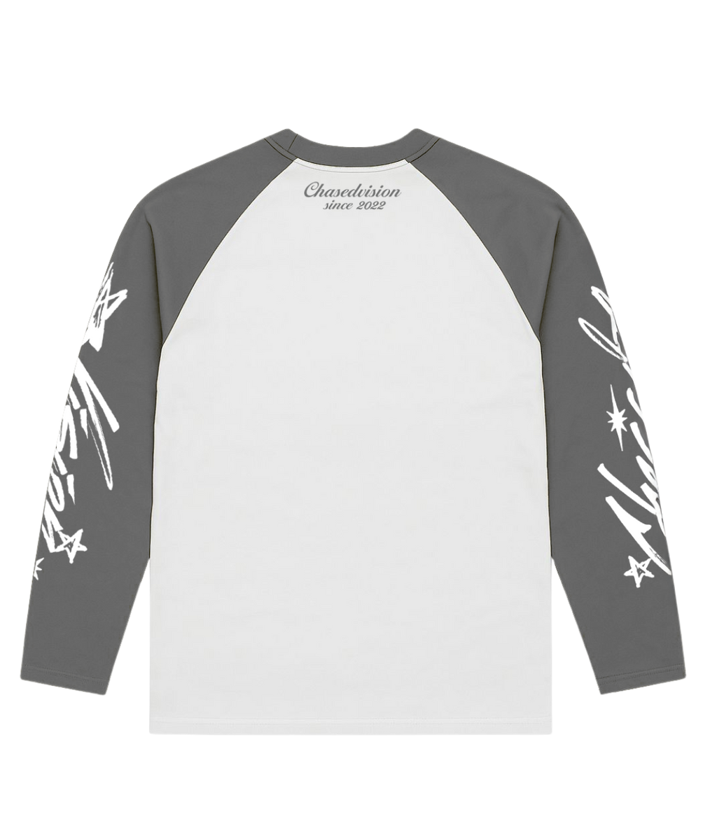 Stylish grey longsleeve shirt with white body and grey sleeves, perfect for summer. Ideal for pairing with shorts.