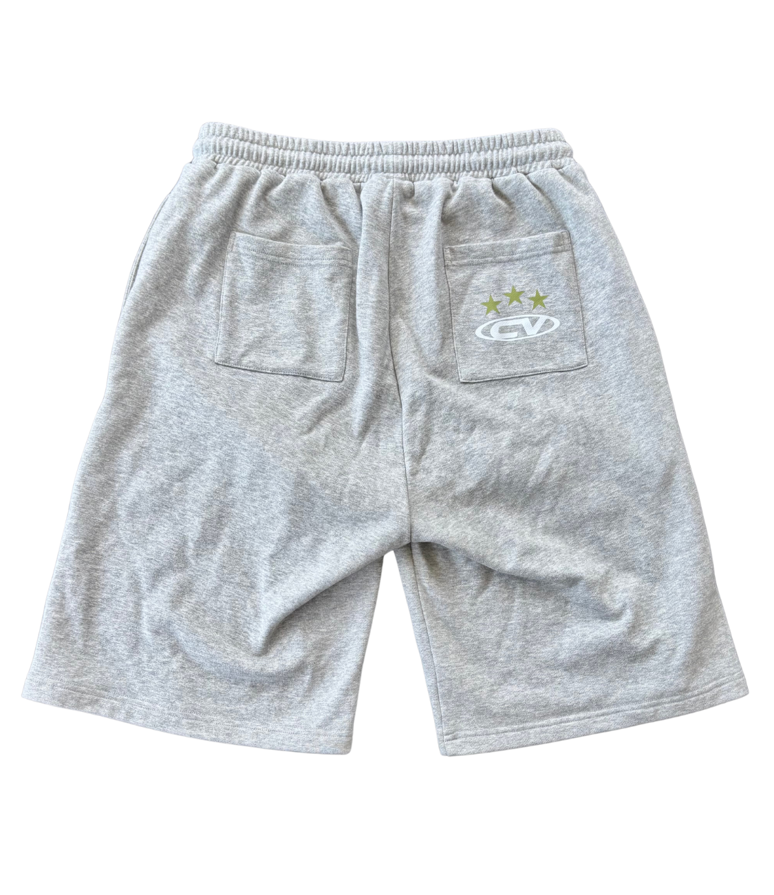 Back view of grey shorts with pockets, perfect for summer wear, paired with a longsleeve top.