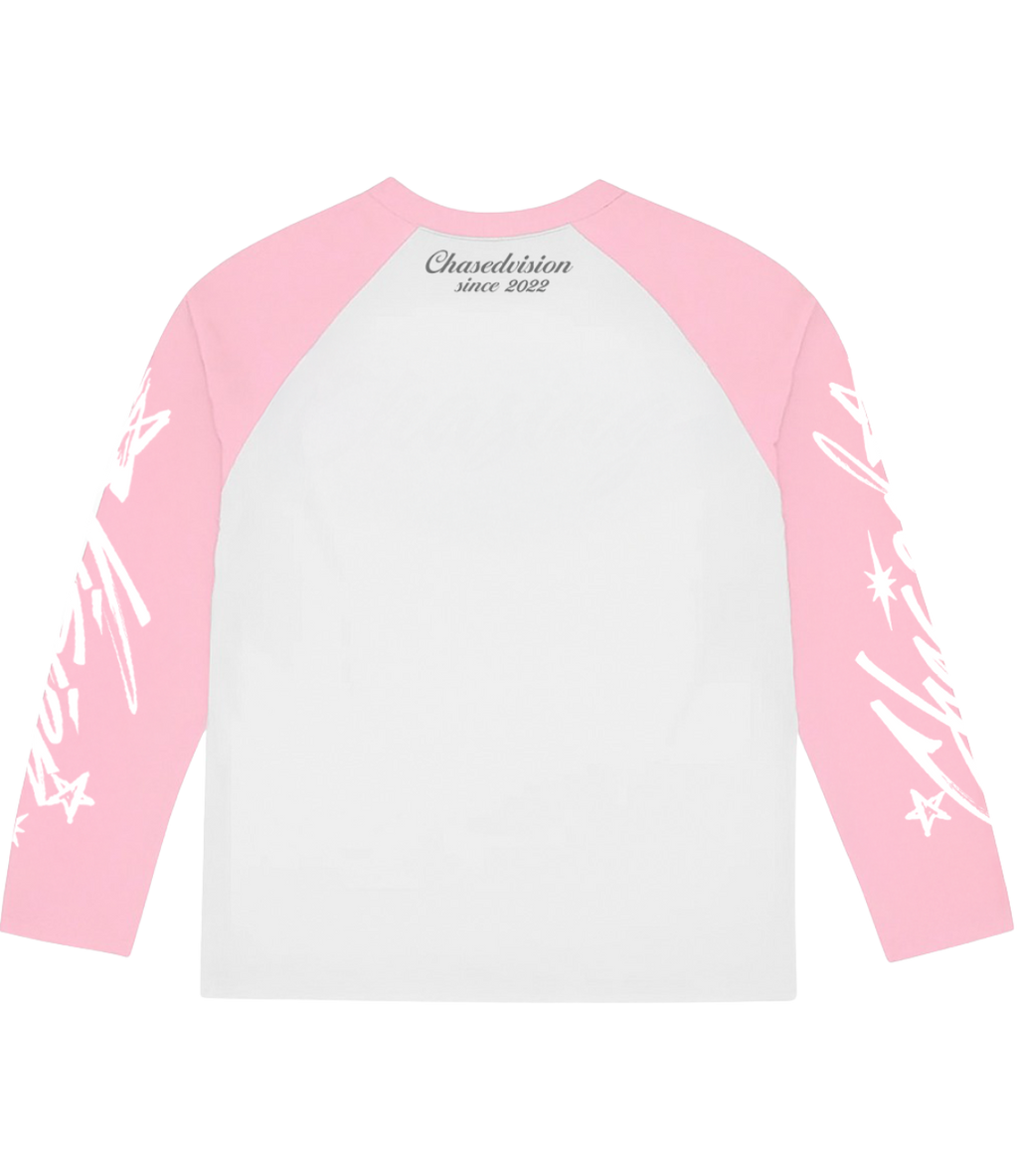 Pink longsleeve shirt with grey body and pink sleeves, perfect for summer shorts and casual wear.