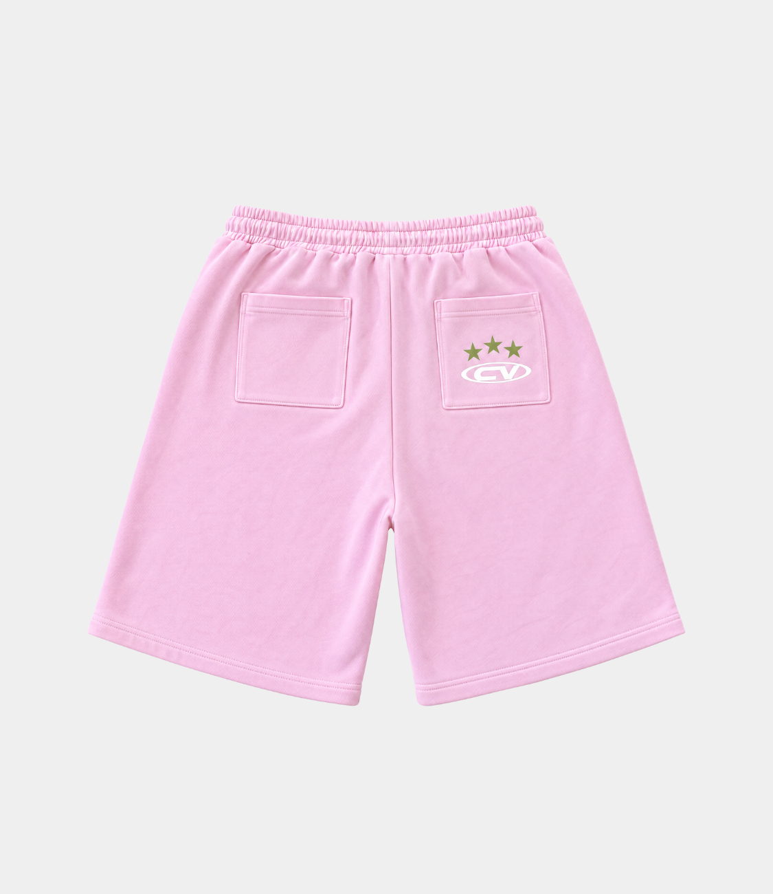 Back view of pink shorts with pockets, perfect for summer, styled with a grey longsleeve shirt.