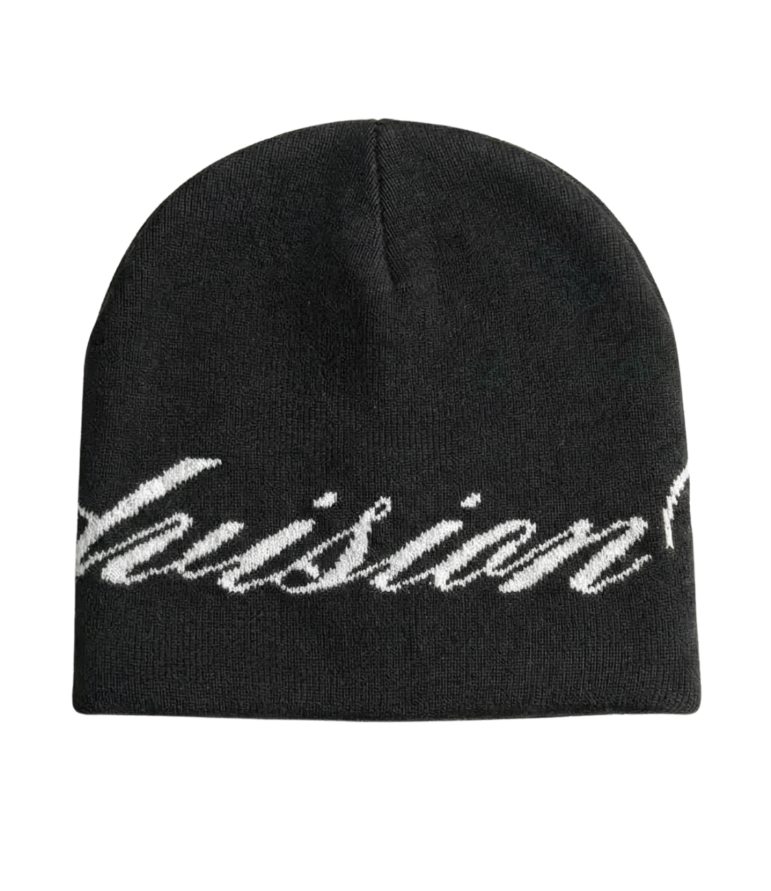 back view of a black skully beanie with a chasedvision design, perfect for cold weather or to complete an outfit.