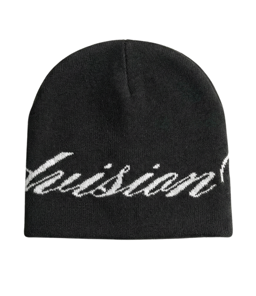 back view of a black skully beanie with a chasedvision design, perfect for cold weather or to complete an outfit.