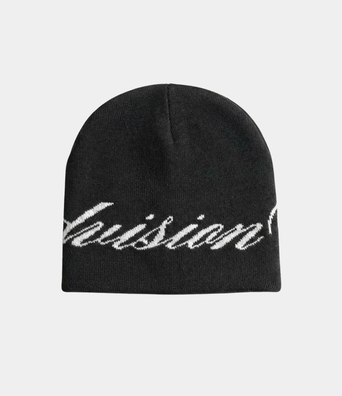 back view of a black skully beanie with a chasedvision design, perfect for cold weather or to complete an outfit.