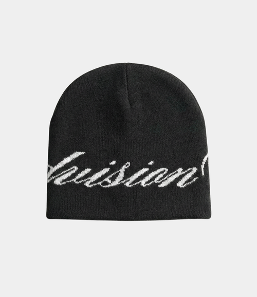 back view of a black skully beanie with a chasedvision design, perfect for cold weather or to complete an outfit.