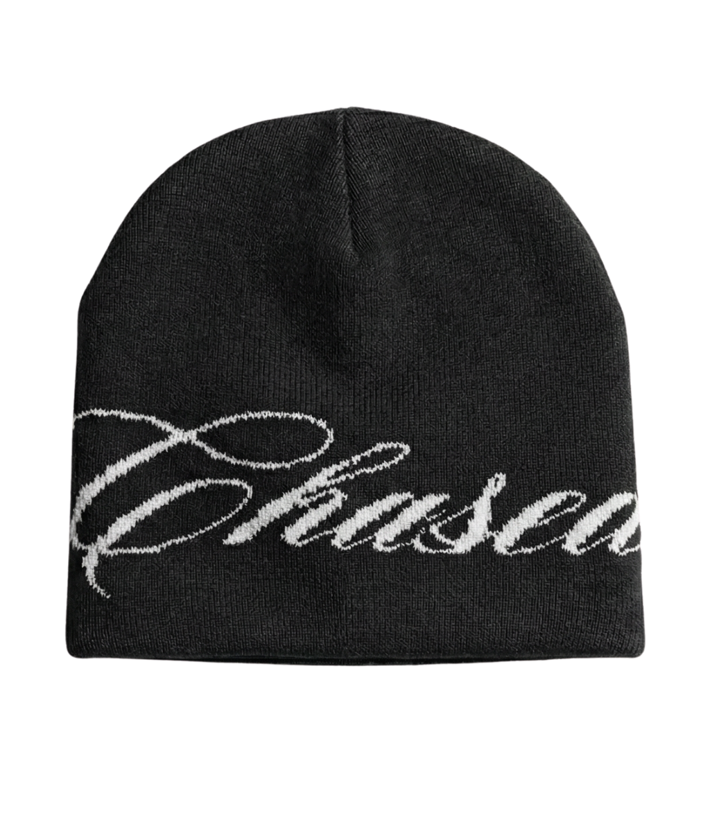a black skully beanie with a chasedvision design, perfect for cold weather or to complete an outfit.