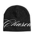 a black skully beanie with a chasedvision design, perfect for cold weather or to complete an outfit.