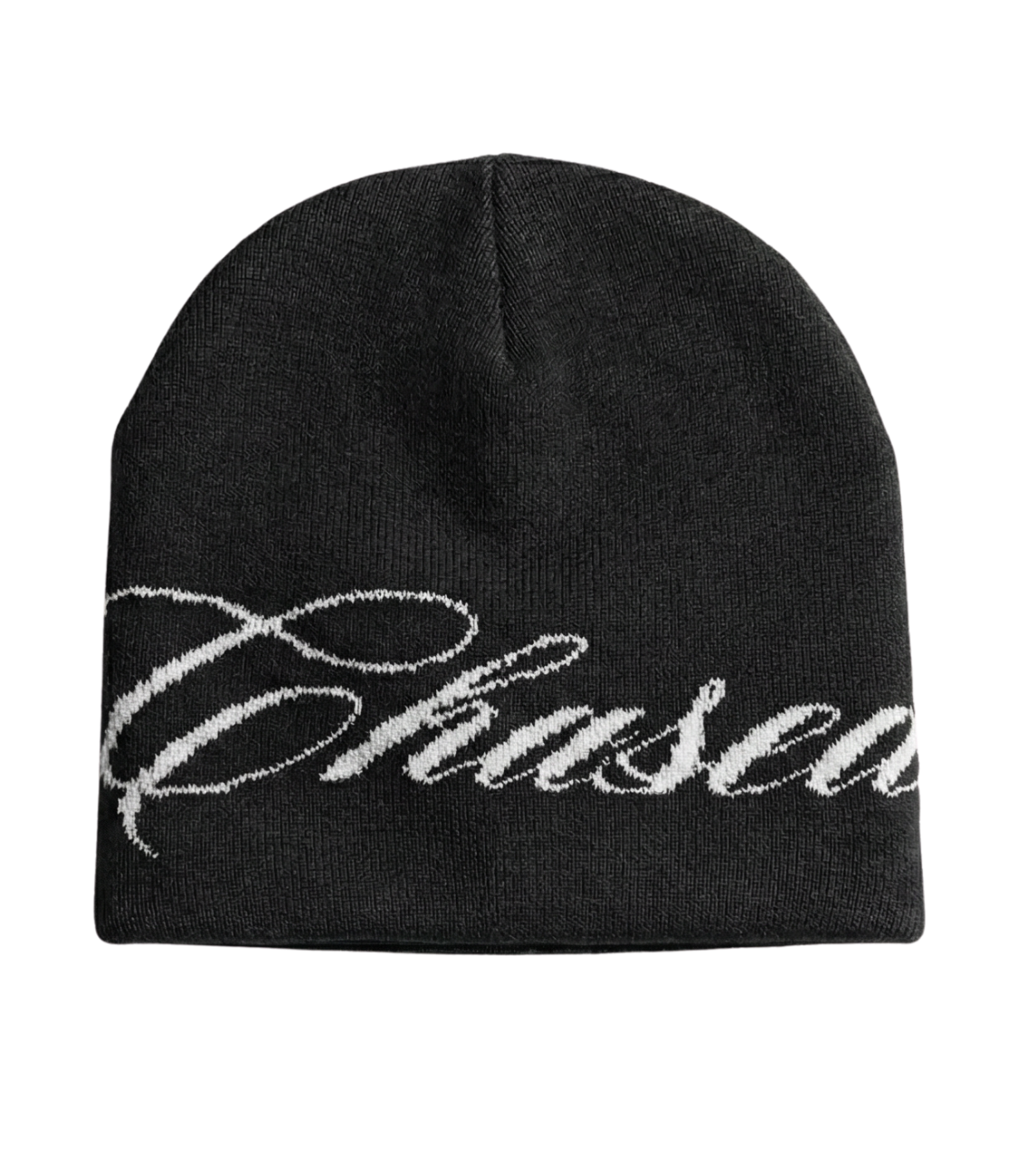 a black skully beanie with a chasedvision design, perfect for cold weather or to complete an outfit.