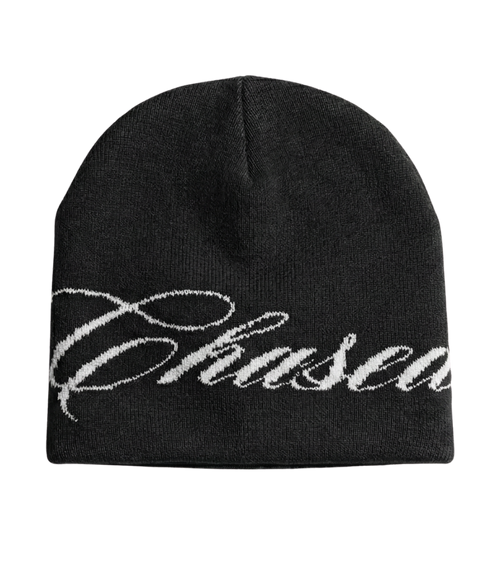 a black skully beanie with a chasedvision design, perfect for cold weather or to complete an outfit.
