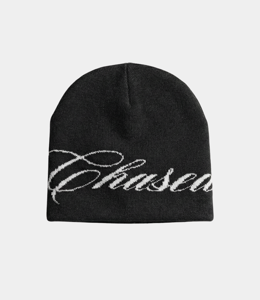 a black skully beanie with a chasedvision design, perfect for cold weather or to complete an outfit.