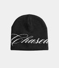 a black skully beanie with a chasedvision design, perfect for cold weather or to complete an outfit.