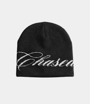 a black skully beanie with a chasedvision design, perfect for cold weather or to complete an outfit.