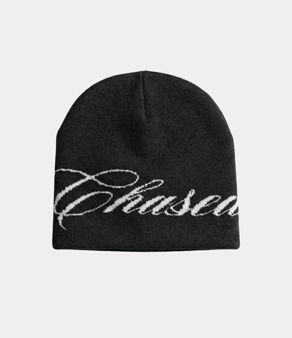 a black skully beanie with a chasedvision design, perfect for cold weather or to complete an outfit.