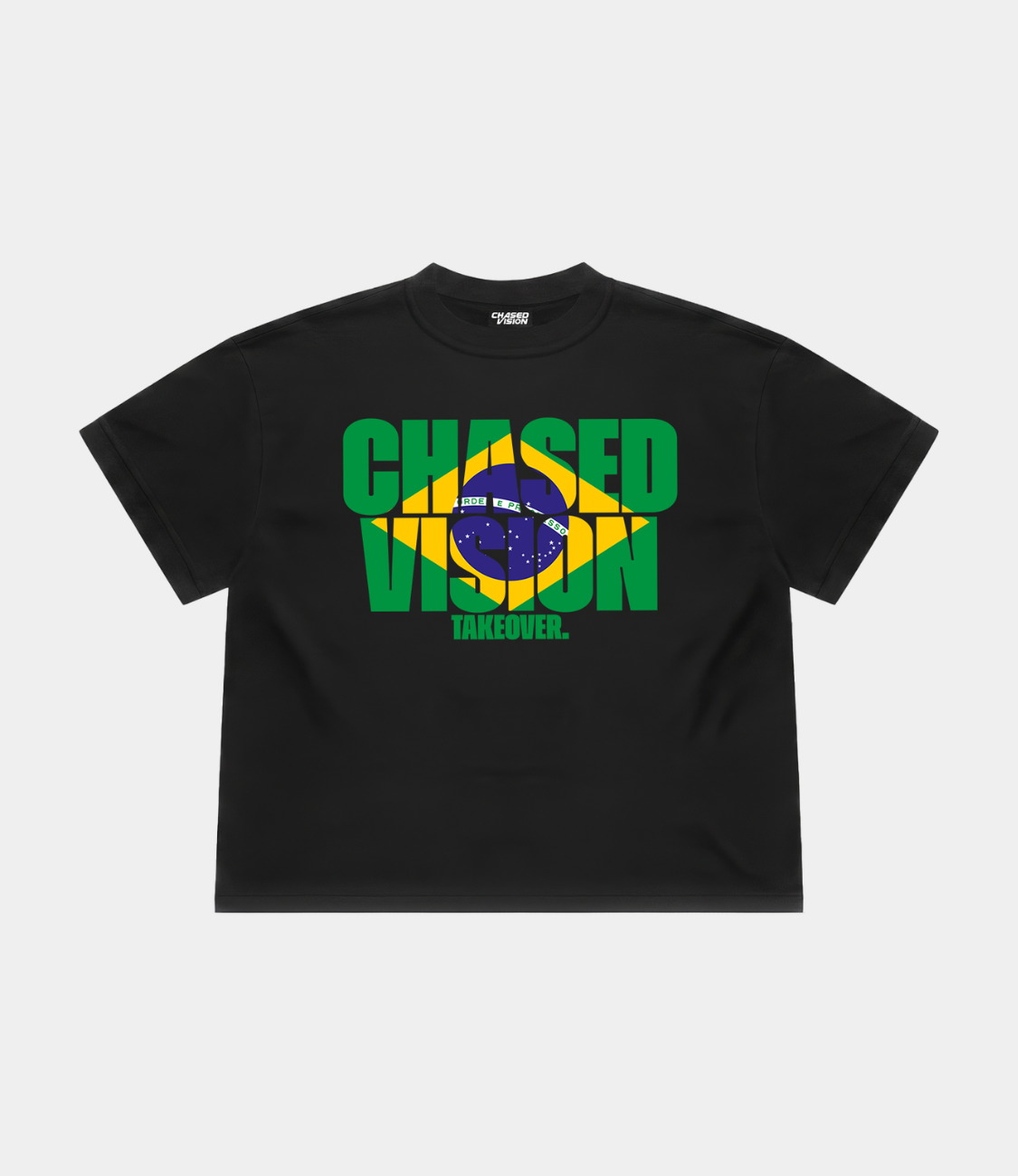 A black brazil worldcup tee from chasedvision with a "chasedvision takeover." design