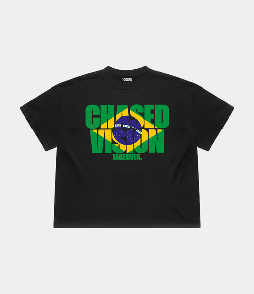 A black brazil worldcup tee from chasedvision with a "chasedvision takeover." design