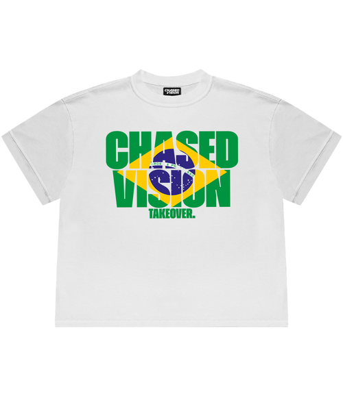 A white brazil worldcup tee from chasedvision with a "chasedvision takeover." design