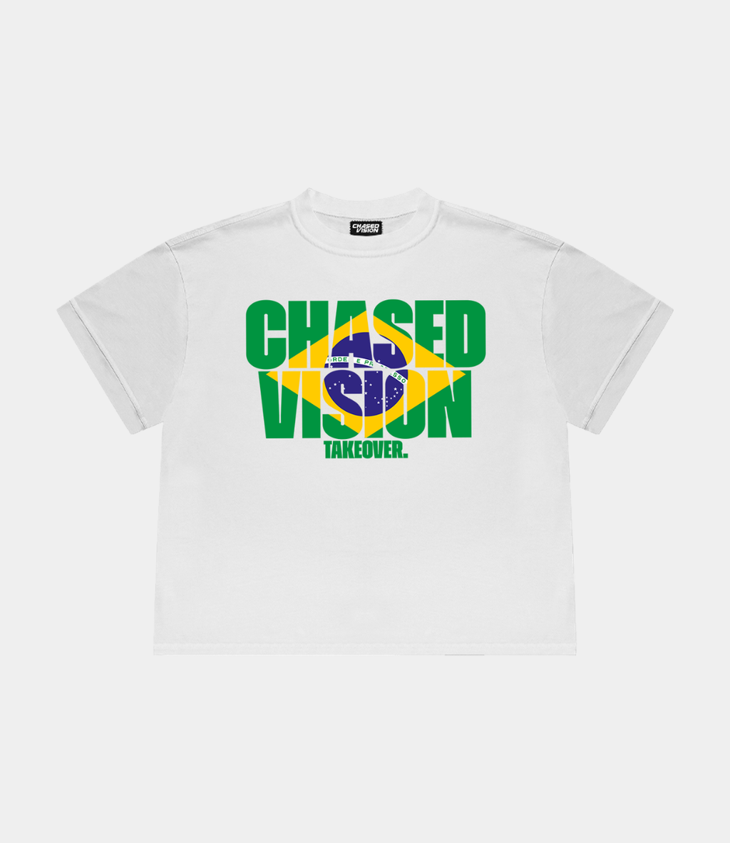 White worldcup tshirt from chasedvision with "Chasedvision takeover" design and brazil flag design