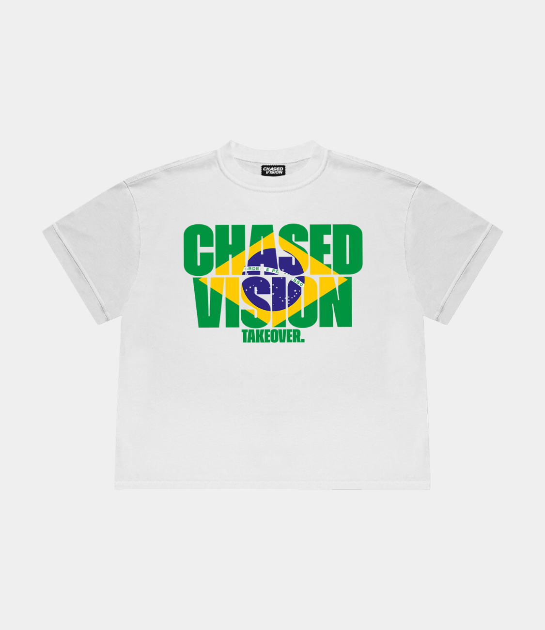 White worldcup tshirt from chasedvision with "Chasedvision takeover" design and brazil flag design