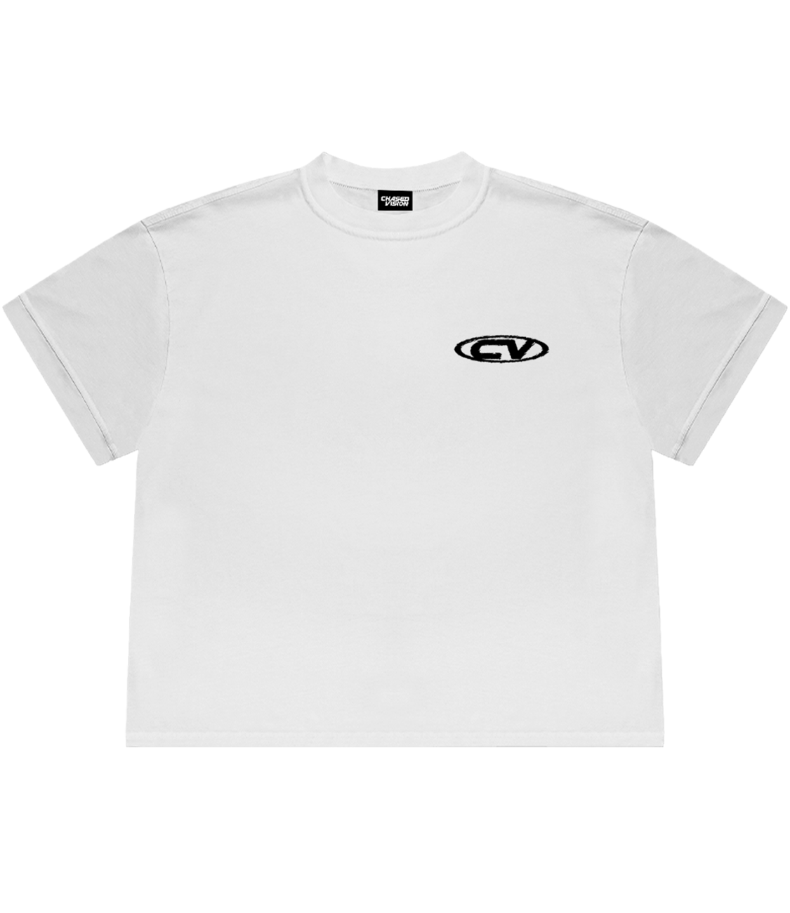 White cotton unisex NOLUV TEE featuring a front logo print, perfect fit, from the Noluv collection with Chasedvision keychain.