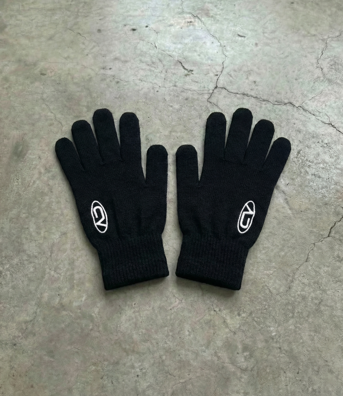 a black pair of gloves with a chasedvision design, laying on the floor, perfect for cold weather or to complete an outfit.