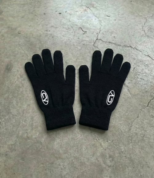 a black pair of gloves with a chasedvision design, laying on the floor, perfect for cold weather or to complete an outfit.