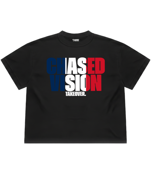 A black france worldcup tee from chasedvision with a "chasedvision takeover." design