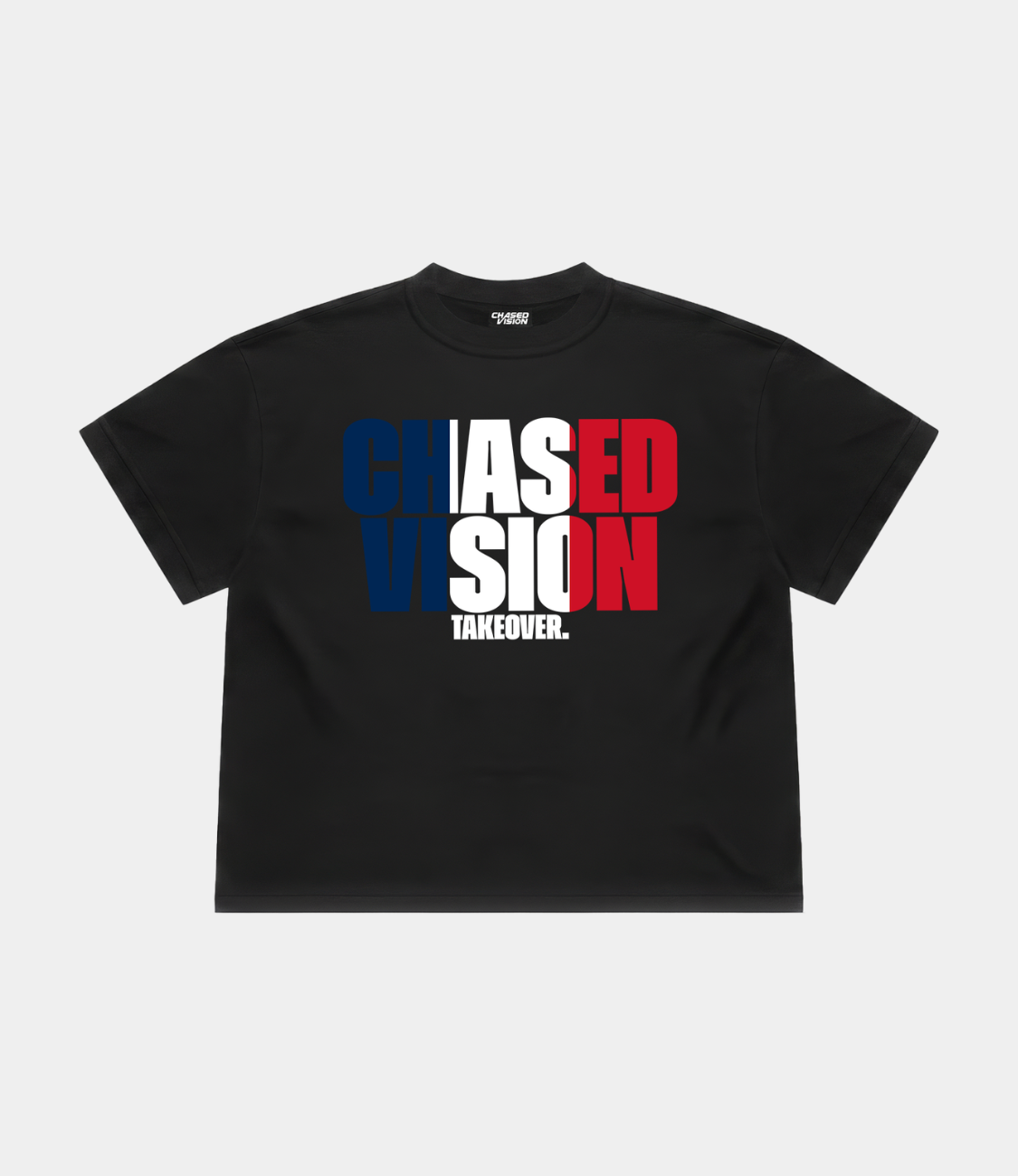 A black france worldcup tee from chasedvision with a "chasedvision takeover." design