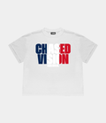 A white france worldcup tee from chasedvision with a "chasedvision takeover." design