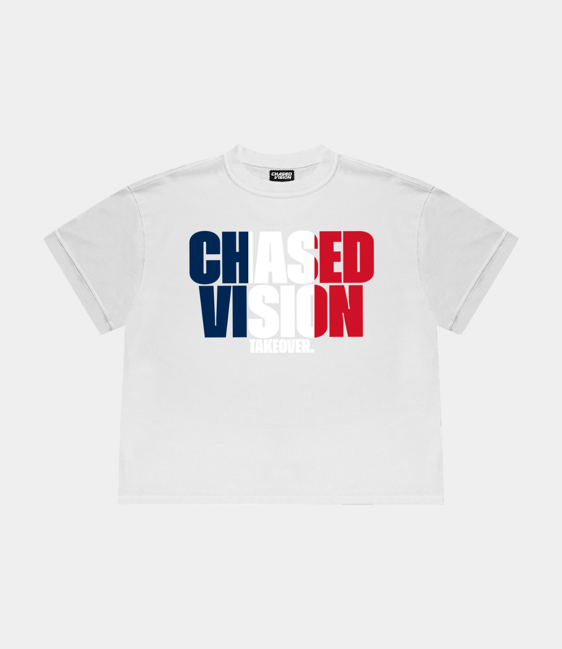 A white france worldcup tee from chasedvision with a "chasedvision takeover." design