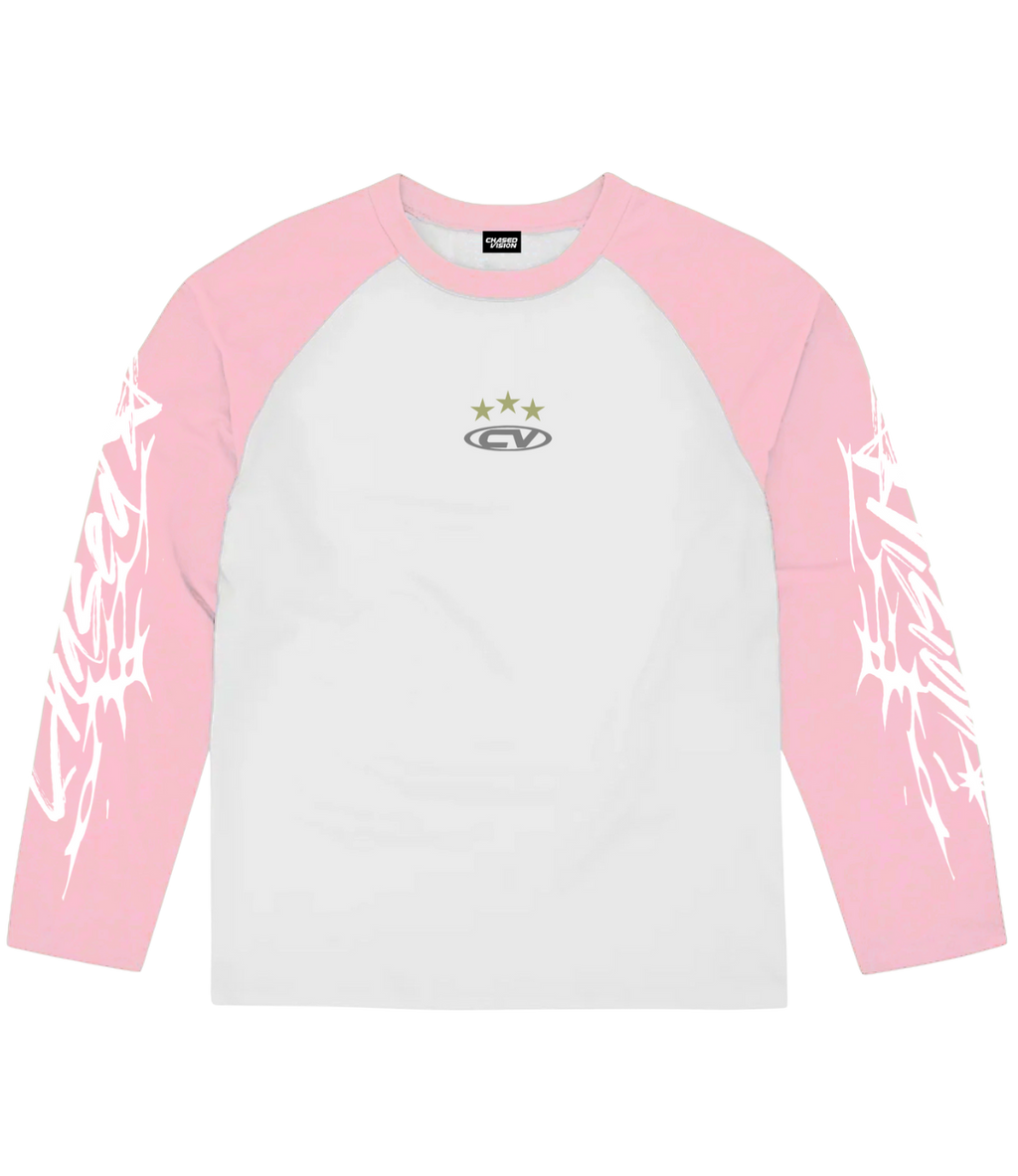 Stylish pink longsleeve shirt with grey accents, perfect for summer casual wear with shorts.