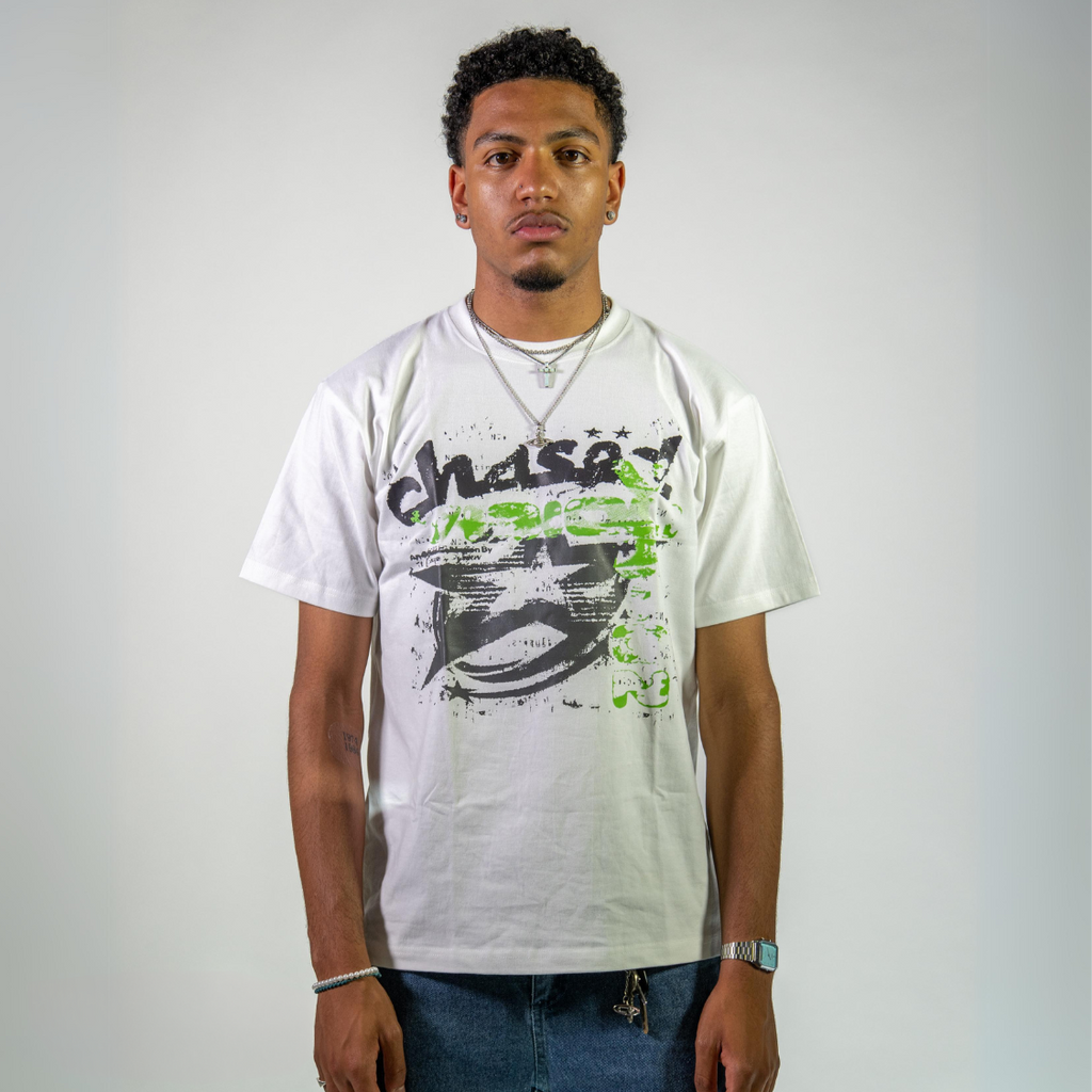 Man wearing a Chasedvision oversized cotton tee with green design, showcasing perfect fit and high-quality streetwear style.