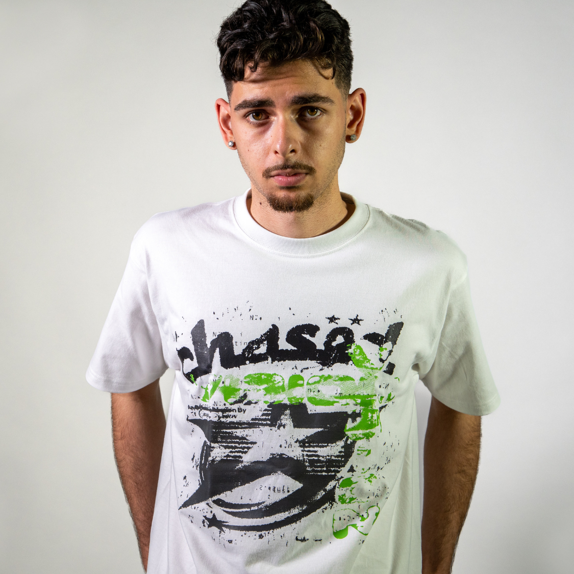 Man wearing the Greenvision Tshirt by Chasedvision showcasing the perfect fit and high quality