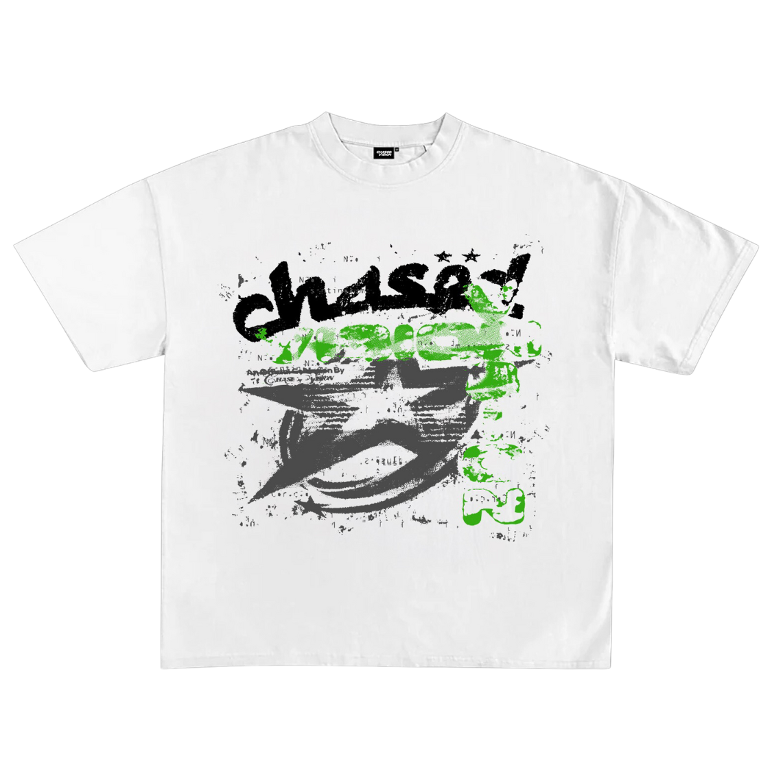 White oversized cotton t-shirt with bold green and black chasedvision streetwear design offering perfect fit and high quality.