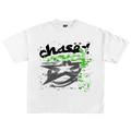 White oversized cotton t-shirt with bold green and black chasedvision streetwear design offering perfect fit and high quality.