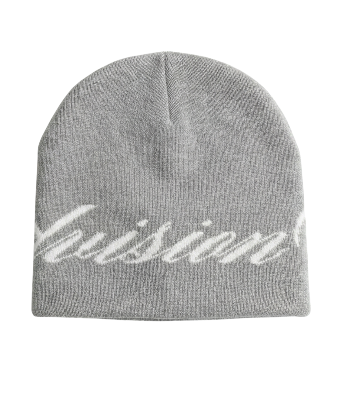 back view of a grey skully beanie with a chasedvision design, perfect for cold weather or to complete an outfit.