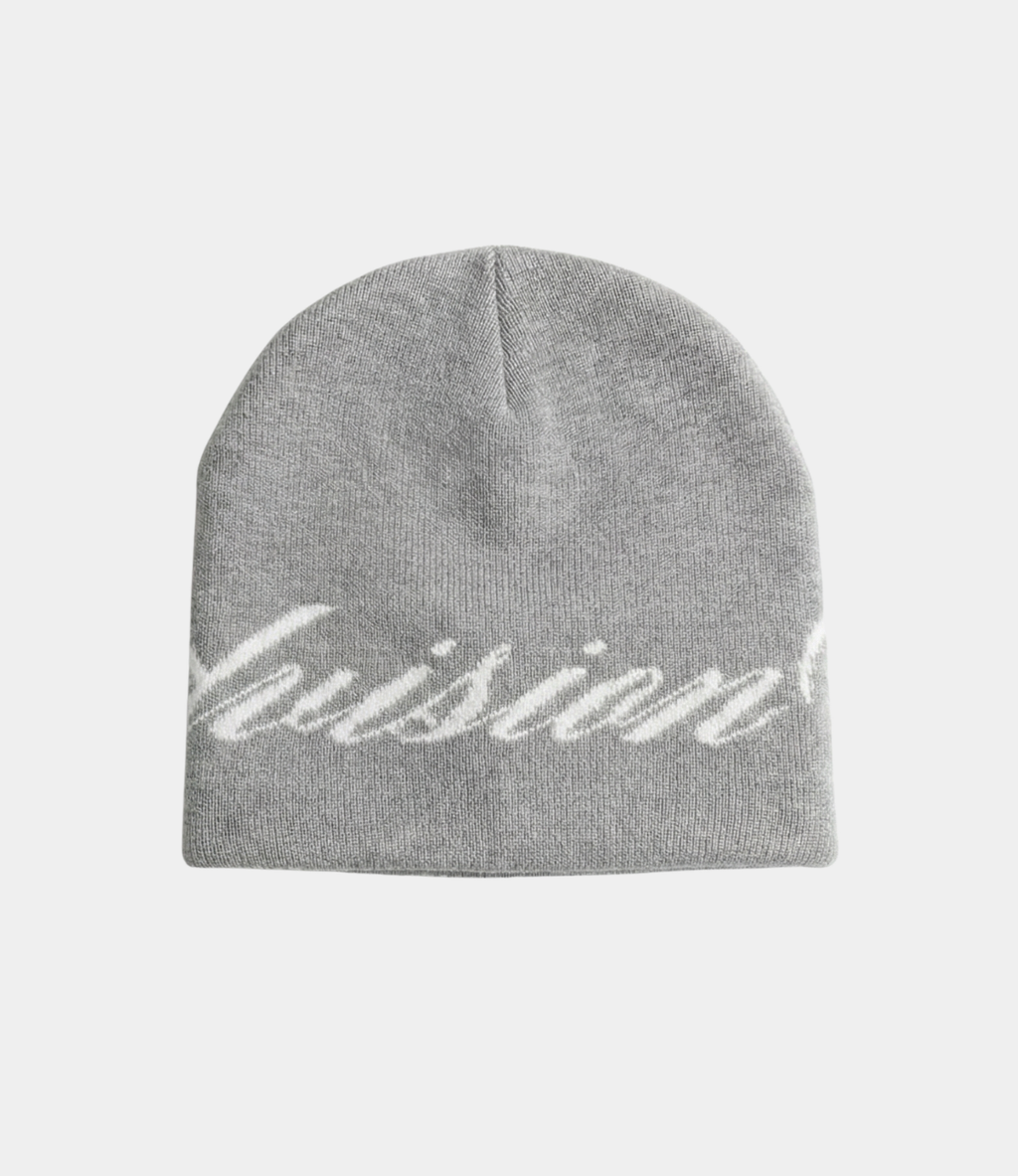 back view of a grey skully beanie with a chasedvision design, perfect for cold weather or to complete an outfit.