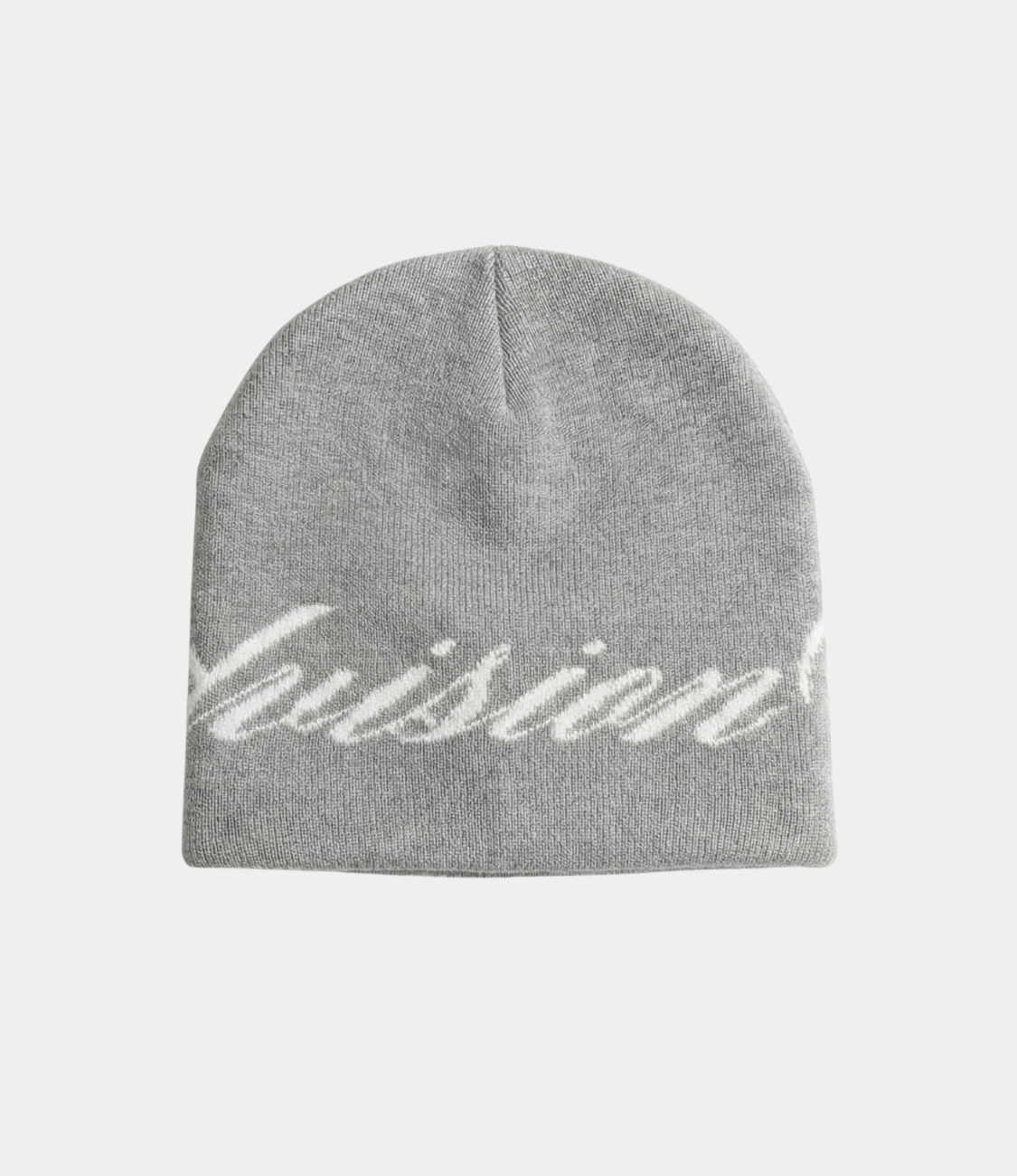 back view of a grey skully beanie with a chasedvision design, perfect for cold weather or to complete an outfit.