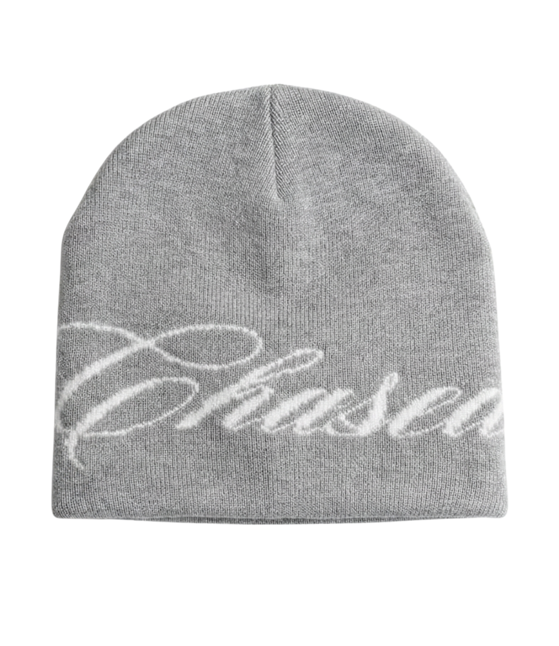 a grey skully beanie with a chasedvision design, perfect for cold weather or to complete an outfit.
