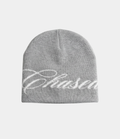 a grey skully beanie with a chasedvision design, perfect for cold weather or to complete an outfit.