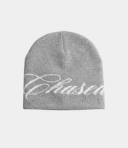 a grey skully beanie with a chasedvision design, perfect for cold weather or to complete an outfit.