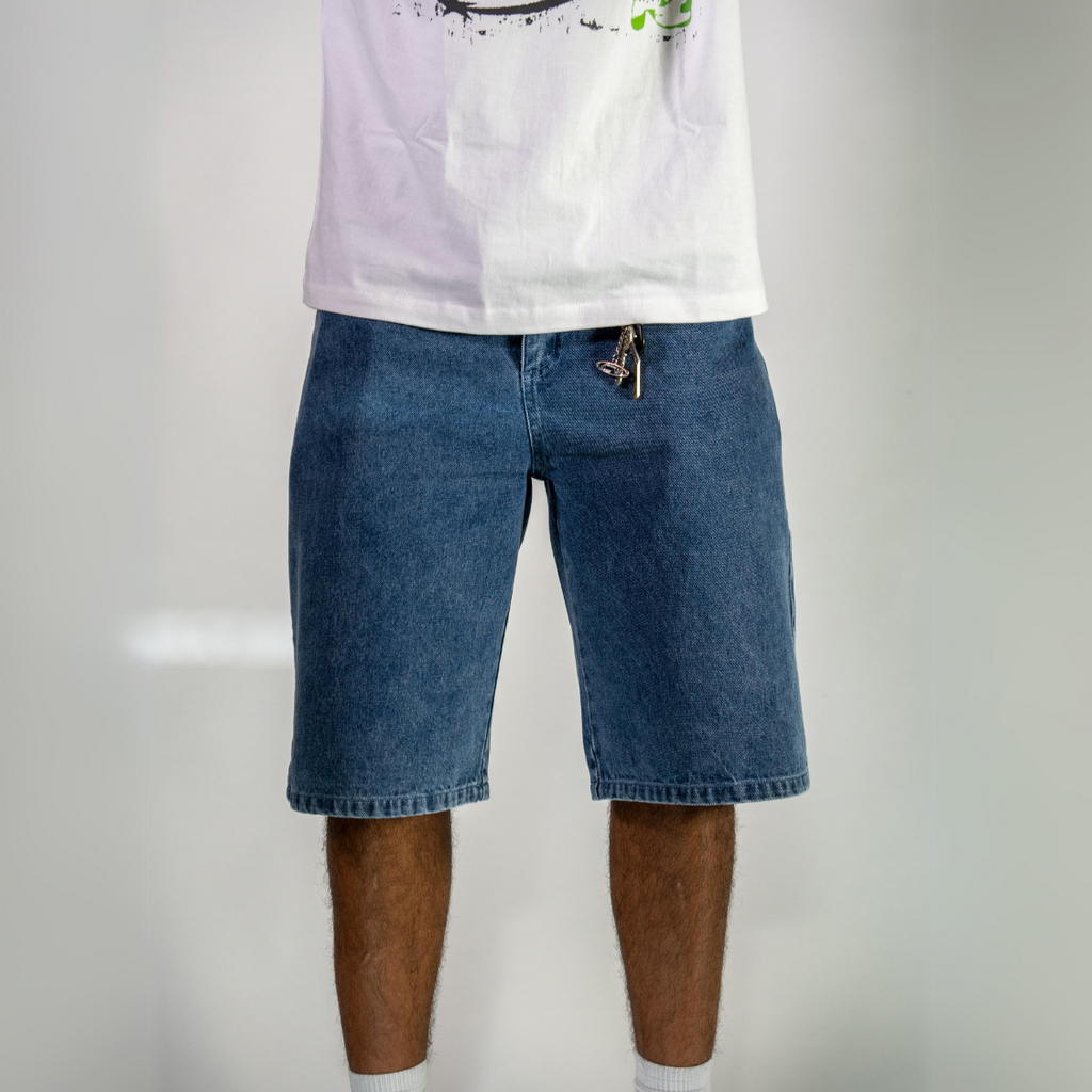 High-quality blue washed jorts with keychain attached, perfect fit, many details by Chasedvision.