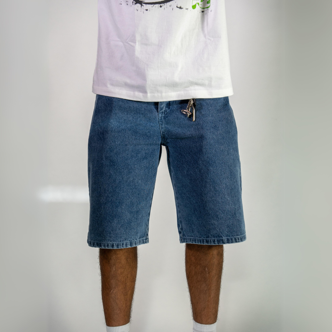 High-quality blue washed jorts with keychain attached, perfect fit, many details by Chasedvision.