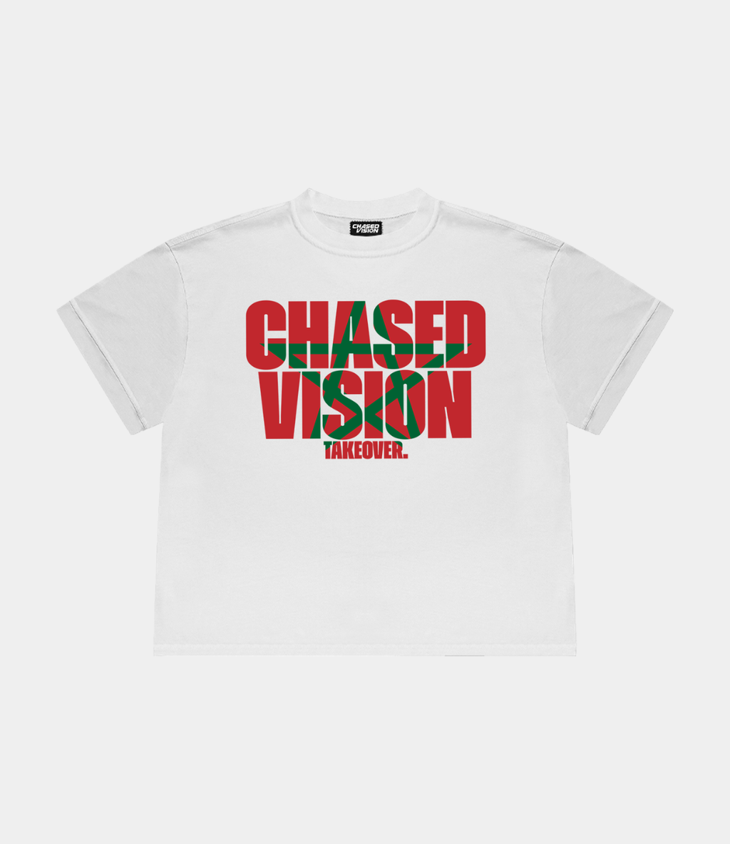 White worldcup tee by chasedvision with "Chasedvision takeover" design and morocco flag design