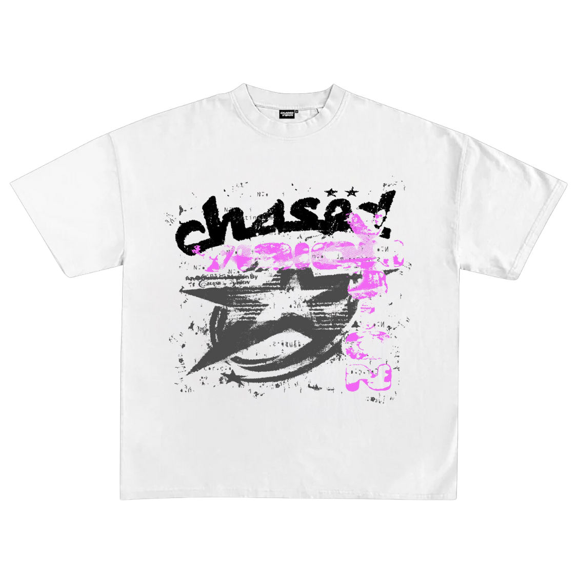 White oversized cotton t-shirt with bold pink and black chasedvision streetwear design offering perfect fit and high quality.