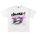 White oversized cotton t-shirt with bold pink and black chasedvision streetwear design offering perfect fit and high quality.