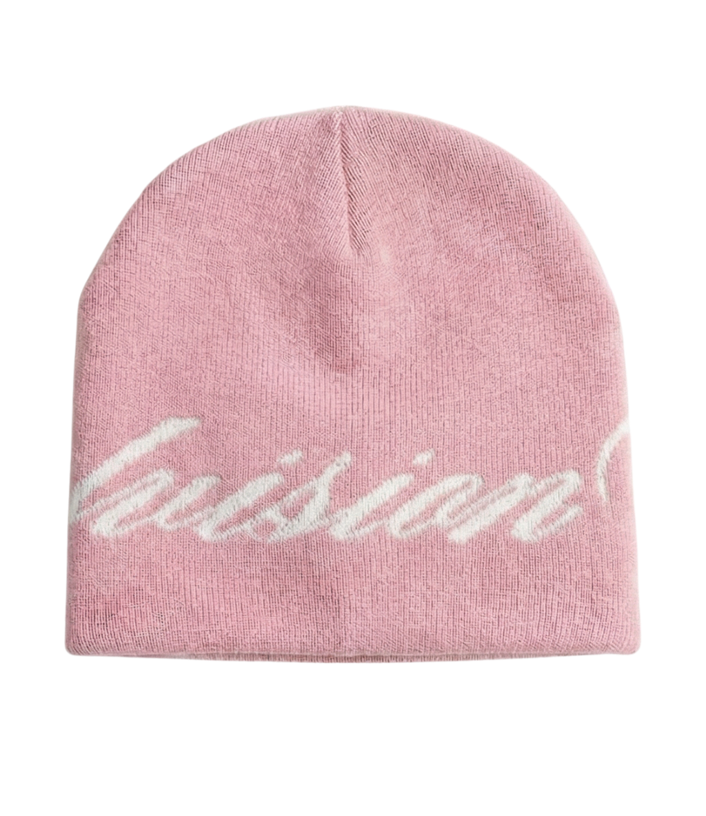 back view of a pink skully beanie with a chasedvision design, perfect for cold weather or to complete an outfit.